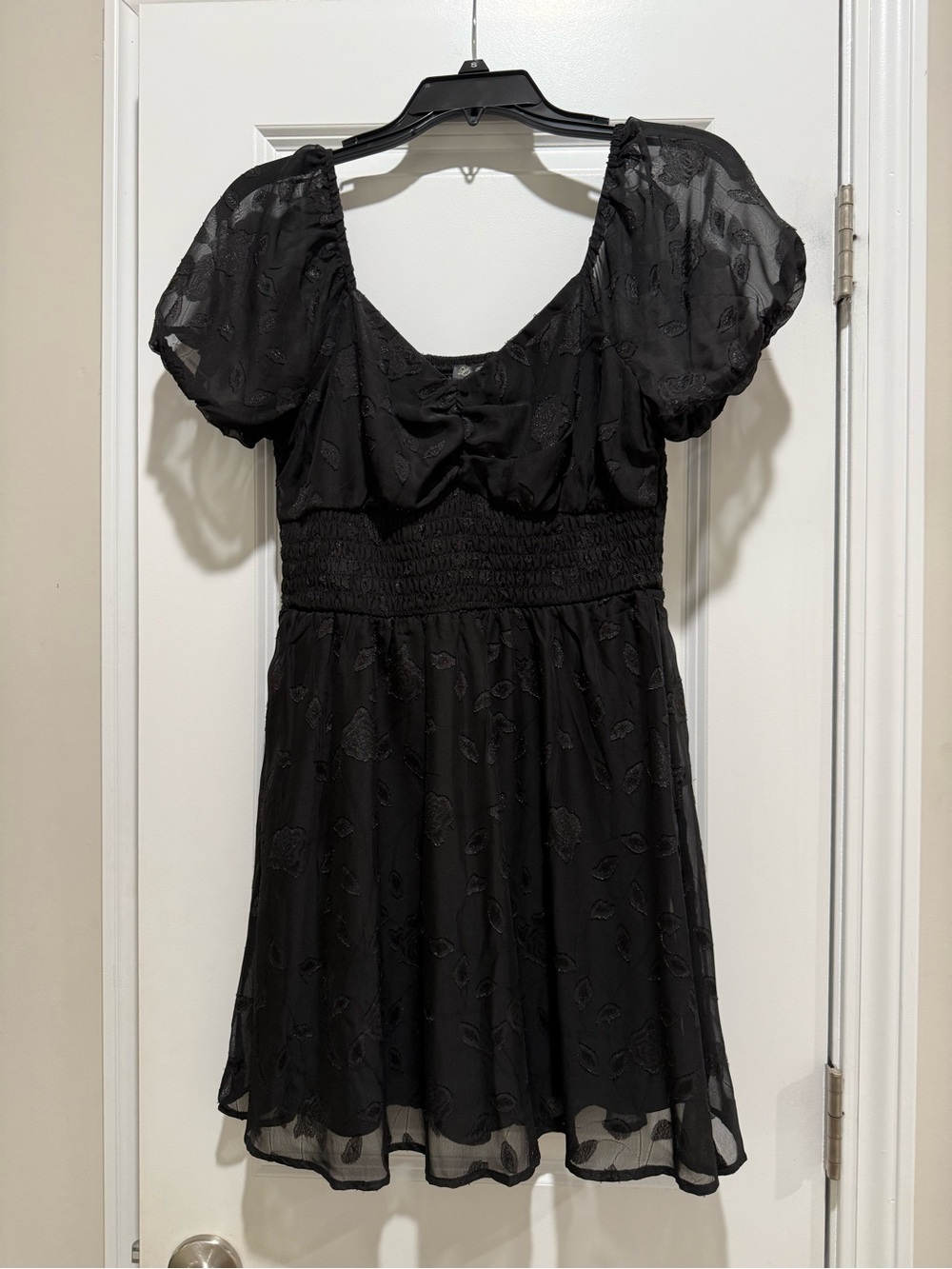 Lily Rose Black Puff-Sleeve Smocked Waist Mini Dress